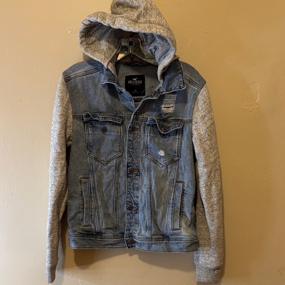 Hollister Blue Denim Jacket with Gray Sleeves